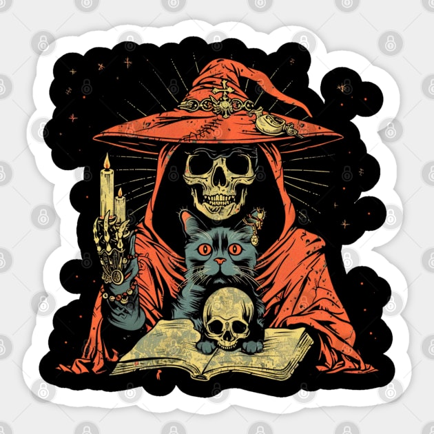 Skeleton Wizard With His Cat and Skull Sticker by OscarVanHendrix